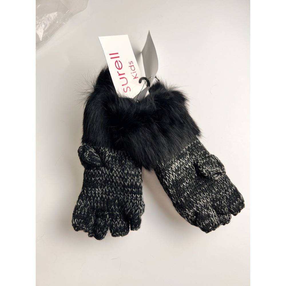 Surell Kids Rabbit‎ Fur Trim Fingerless Gloves Gray Black NWT